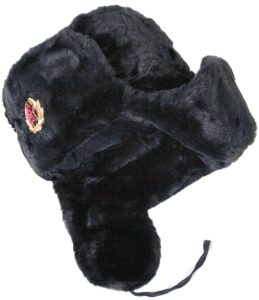 Black winter hat with earflaps.