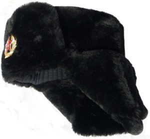 Black winter hat with earflaps.